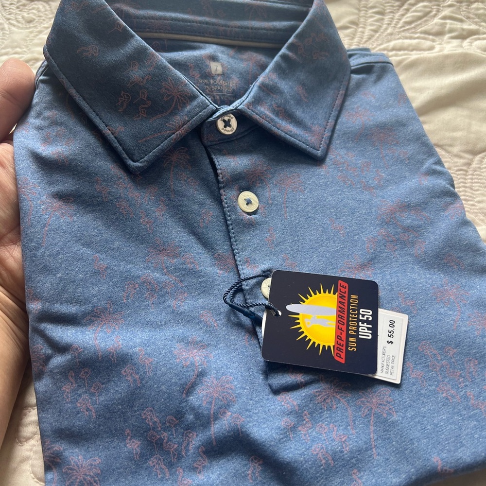 Polo Shirt (boys) palm trees and flamingo- sizes 7, 12, 14 available
